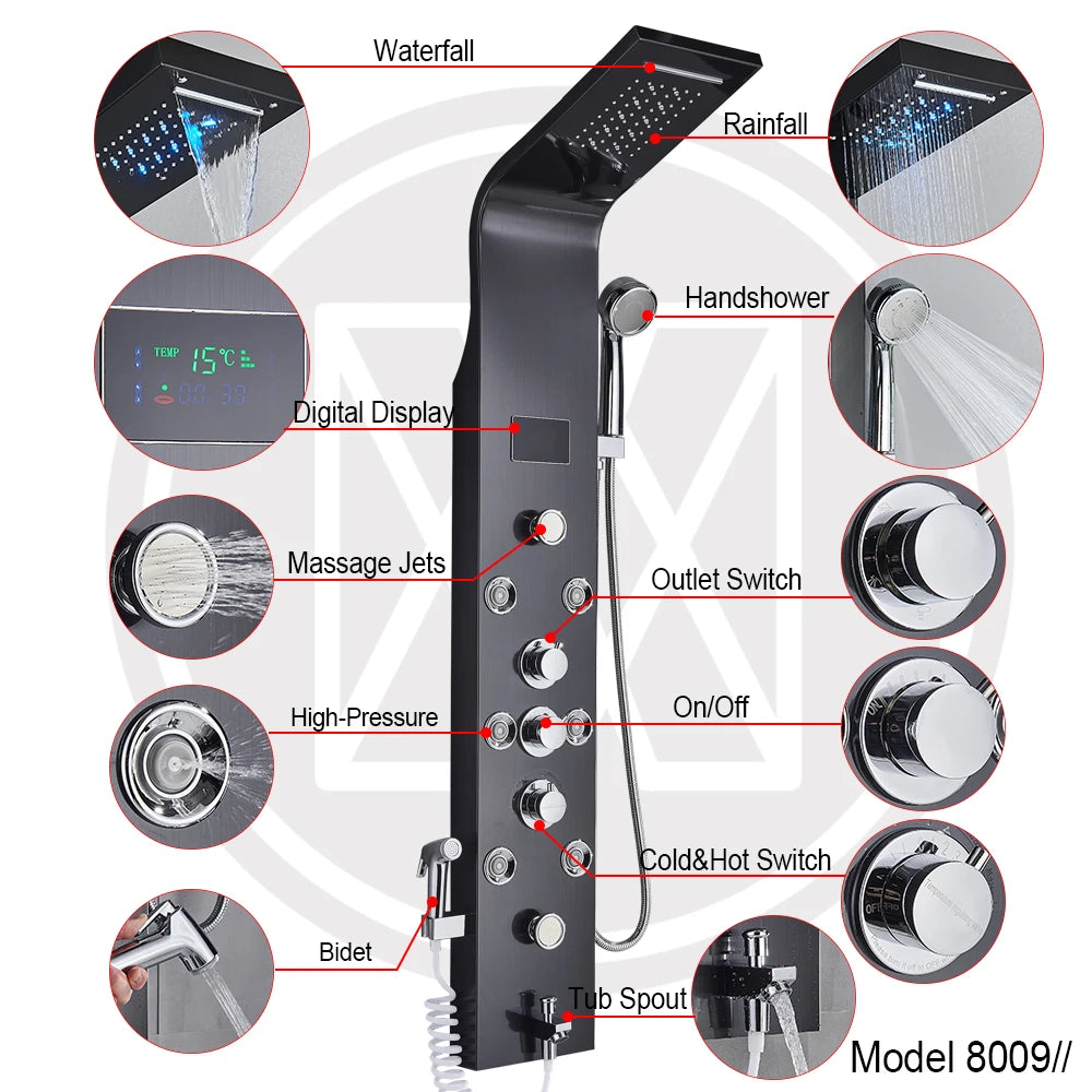 MYQualife LED Shower Panel System With Waterfall Rainfall Massage Jets