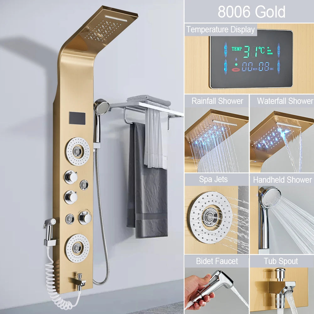 MYQualife LED Shower Panel System With Waterfall Rainfall Massage Jets