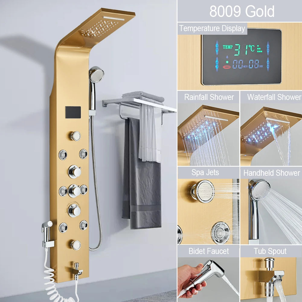 MYQualife LED Shower Panel System With Waterfall Rainfall Massage Jets