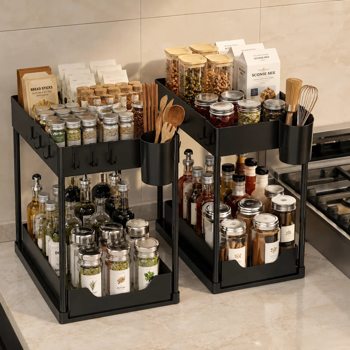 Under Sink Two Tier Pull Out Organizer With Baskets And Hooks