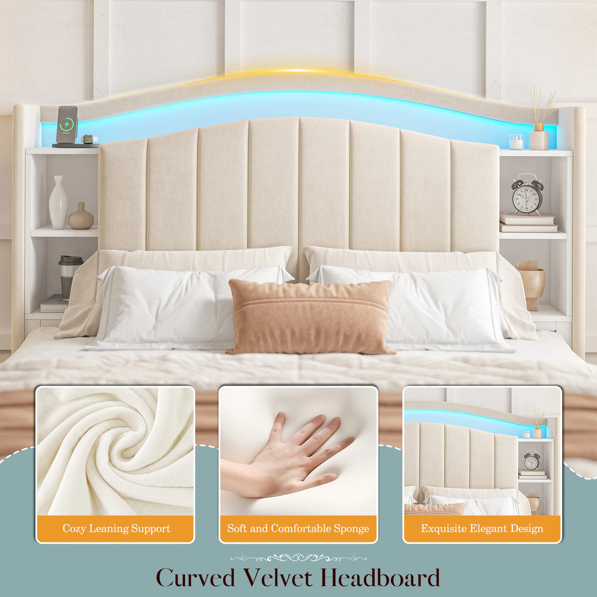 EnHomee Platform Bed Frame With Bookcase Headboard LED Charging Station