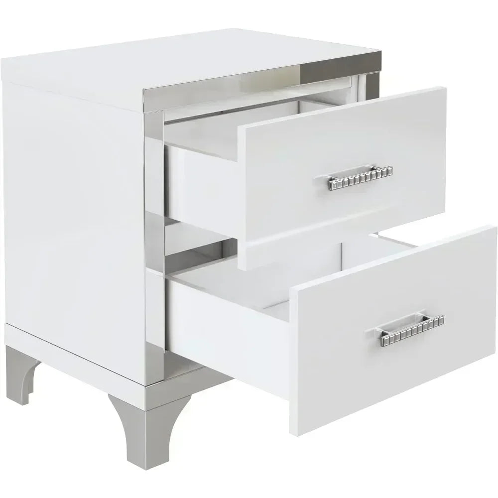 Modern Mirrored Nightstand With 2 Drawers And Metal Handles