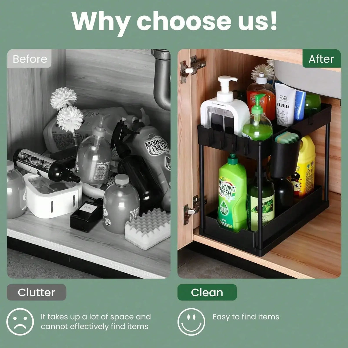 Under Sink Two Tier Pull Out Organizer With Baskets And Hooks