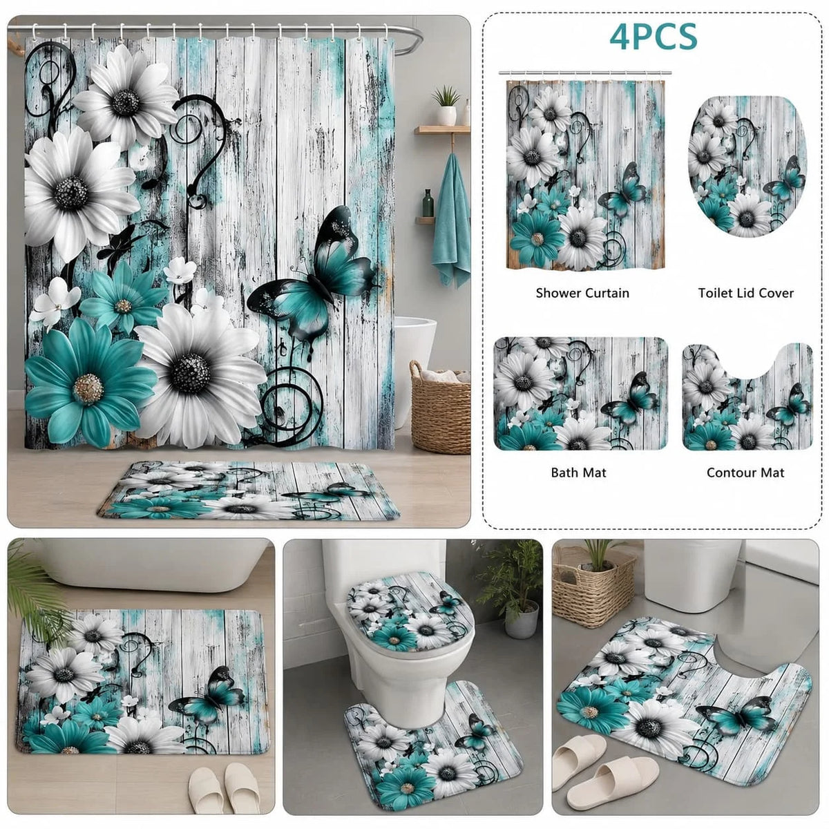Floral Butterfly Bathroom Set With Shower Curtain And Rugs