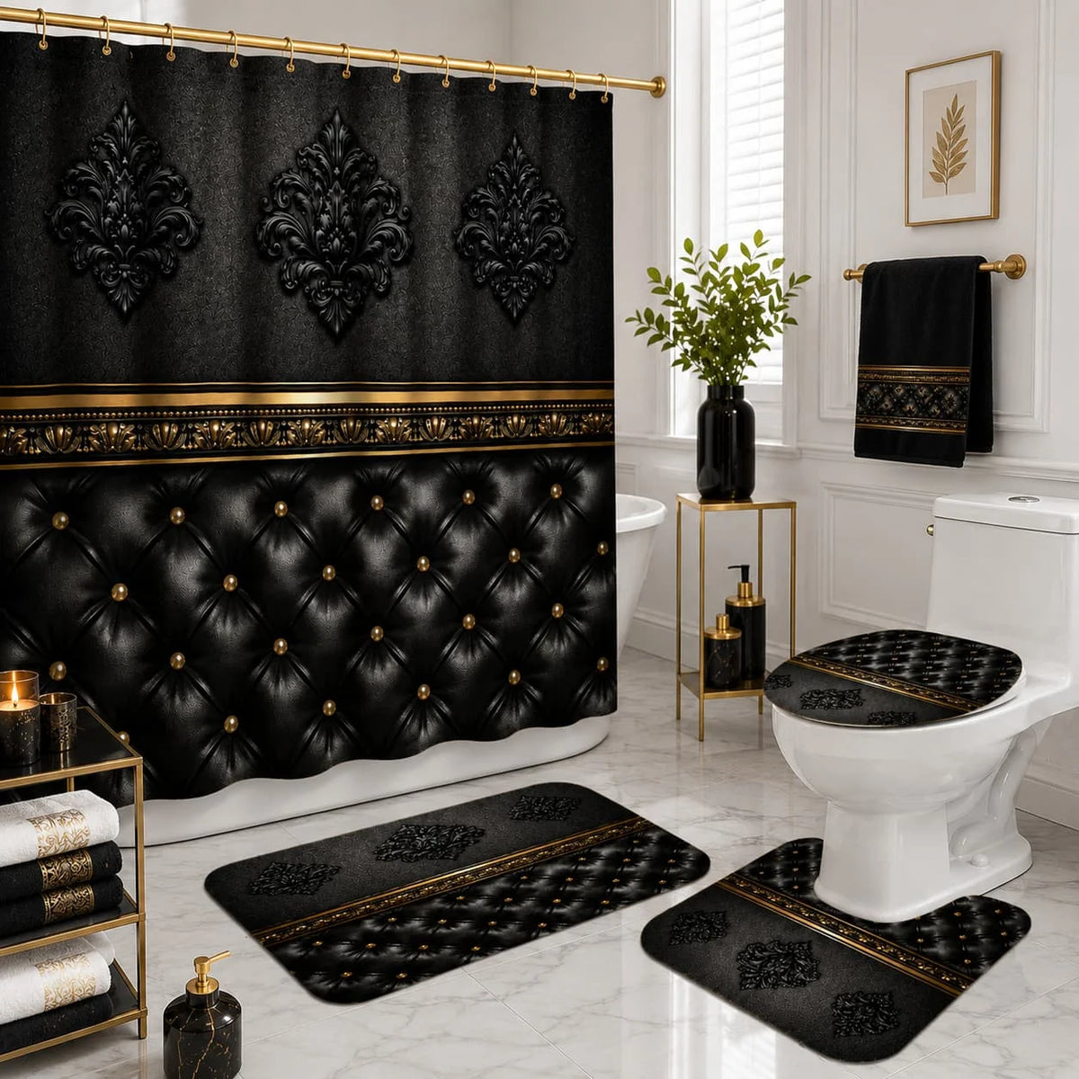 Baroque Shower Curtain Set with Bath Mats and Toilet Covers