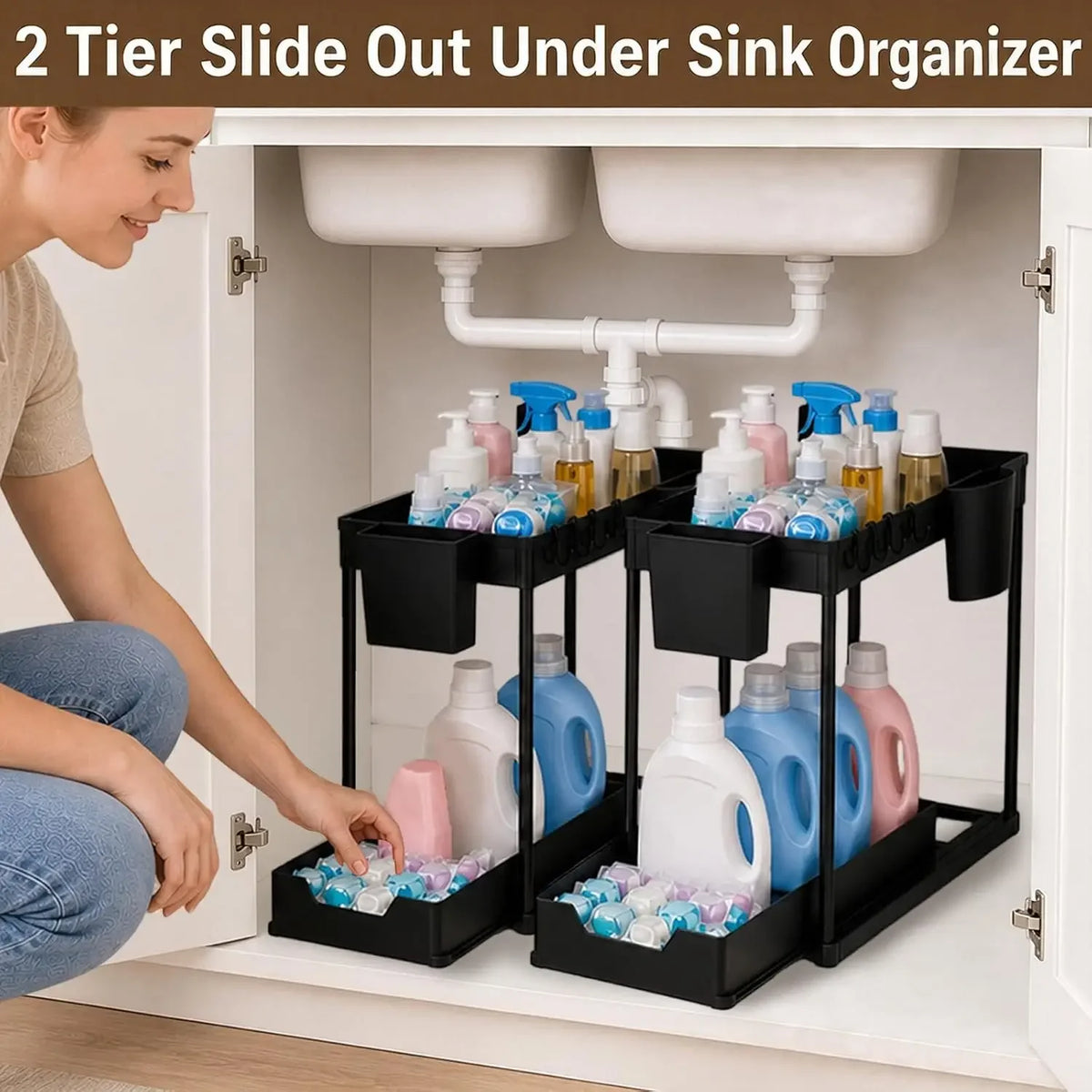 Under Sink Two Tier Pull Out Organizer With Baskets And Hooks