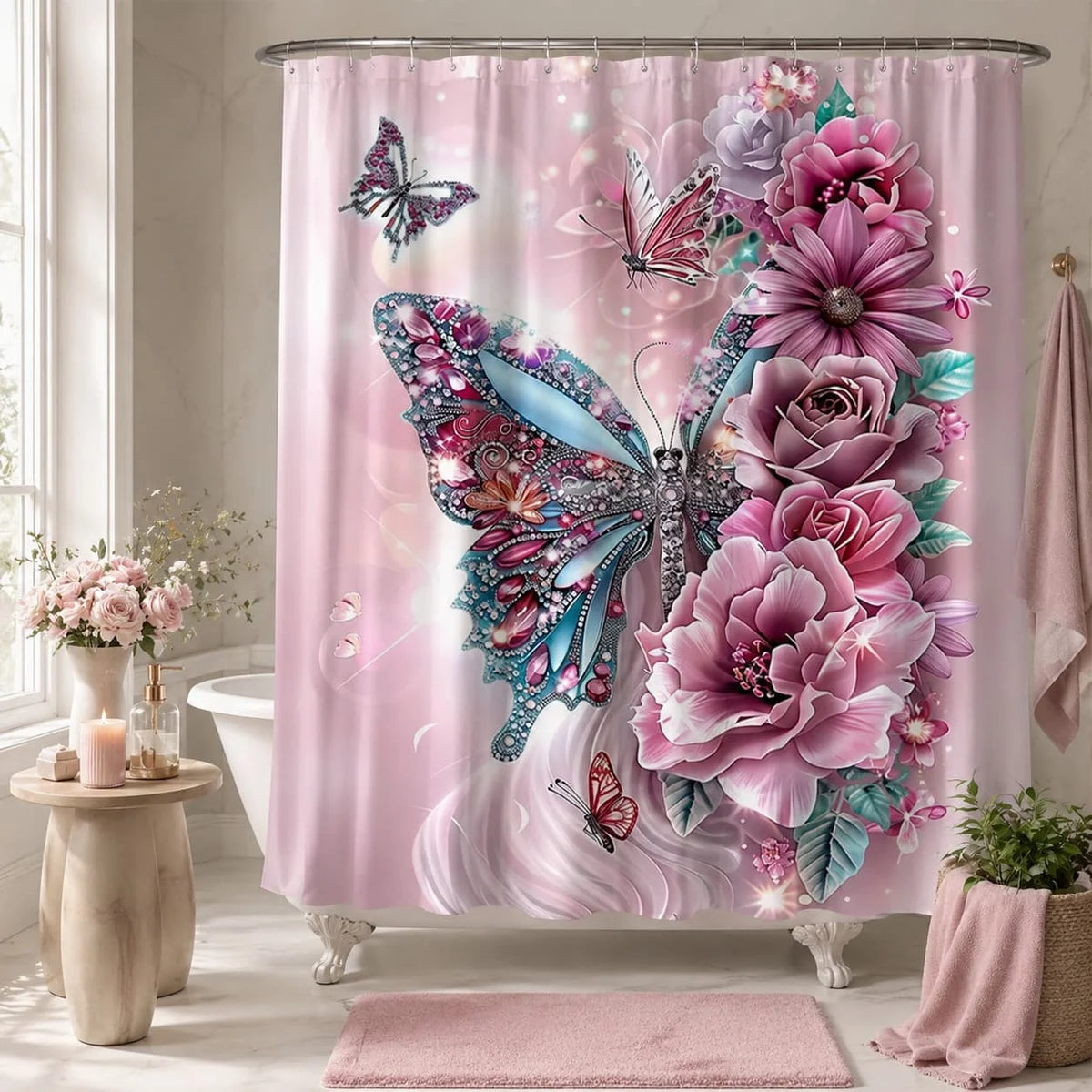 Floral Butterfly Shower Curtain with Hooks for Bathroom Decor