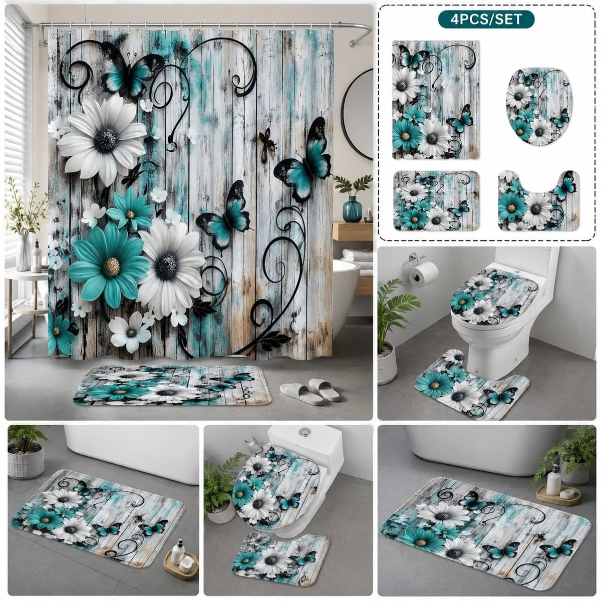 Floral Butterfly Bathroom Set With Shower Curtain And Rugs