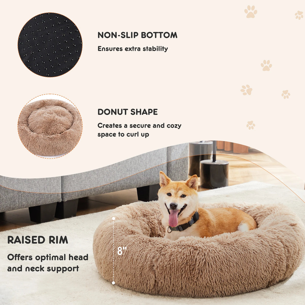 JHK Calming Washable Plush Faux Fur Dog Bed Non Slip
