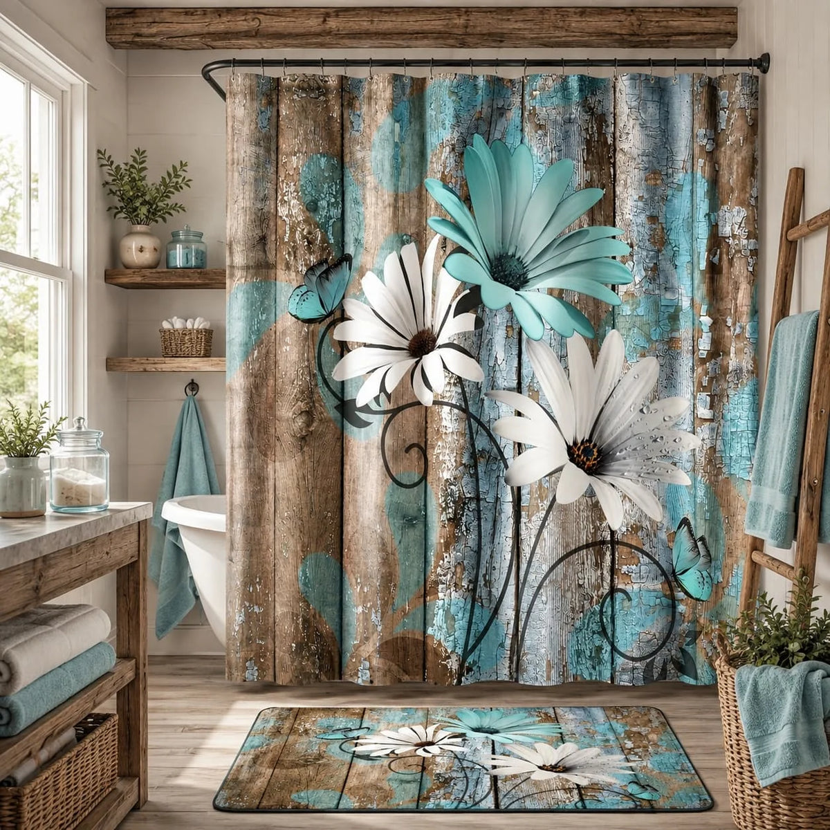 Farmhouse Daisy Floral Shower Curtain With Hooks, Rustic Garden Decor