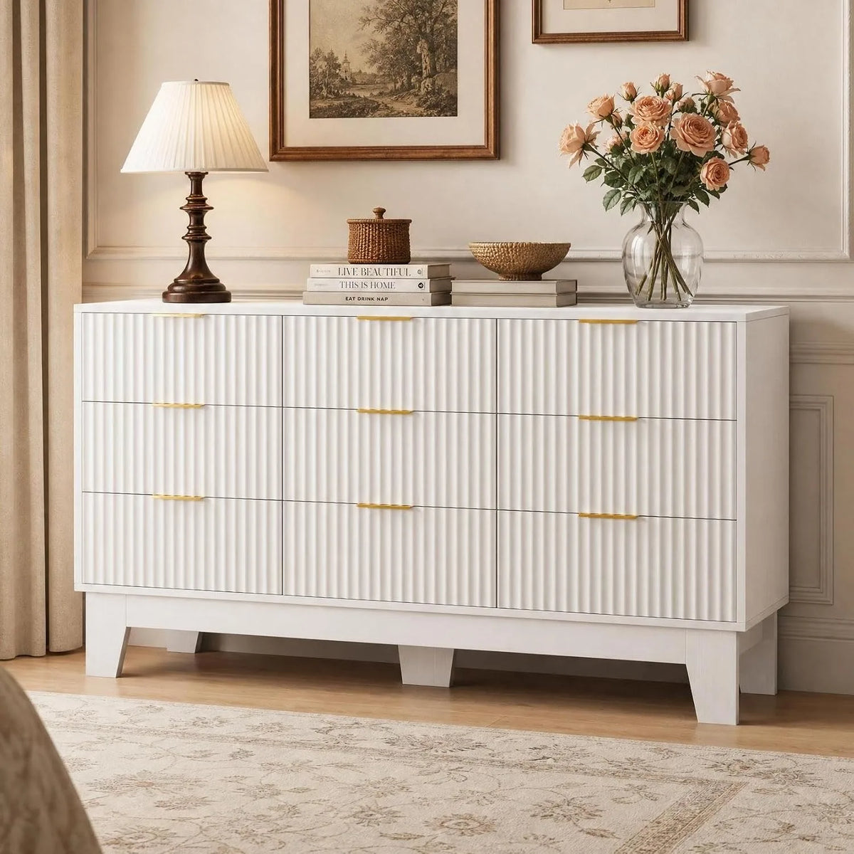 Modern Fluted Wood Nine Drawer Dresser With Storage Cabinet