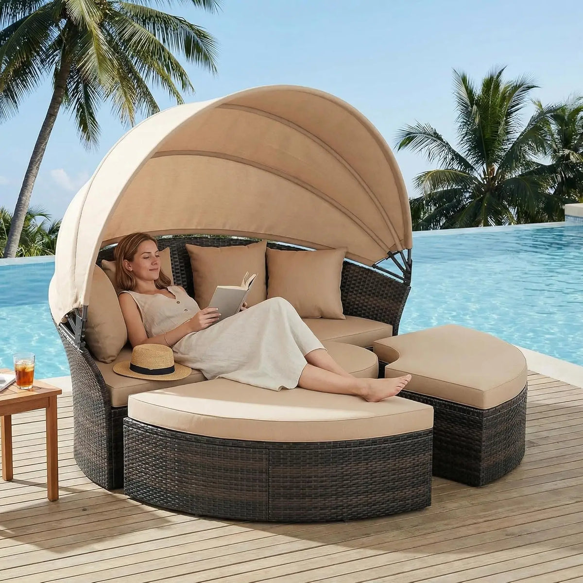Outdoor Patio Daybed Retractable Canopy Wicker Rattan Sectional Round Sofa