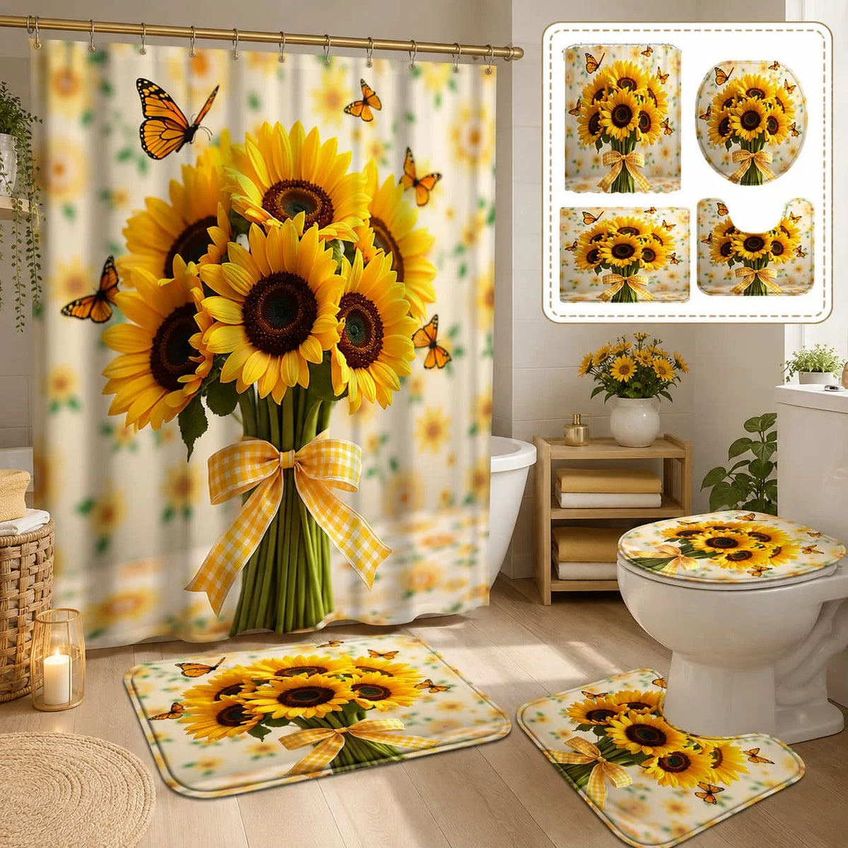 Sunflower Butterfly Shower Curtain Set With Hooks And Bathroom Mats