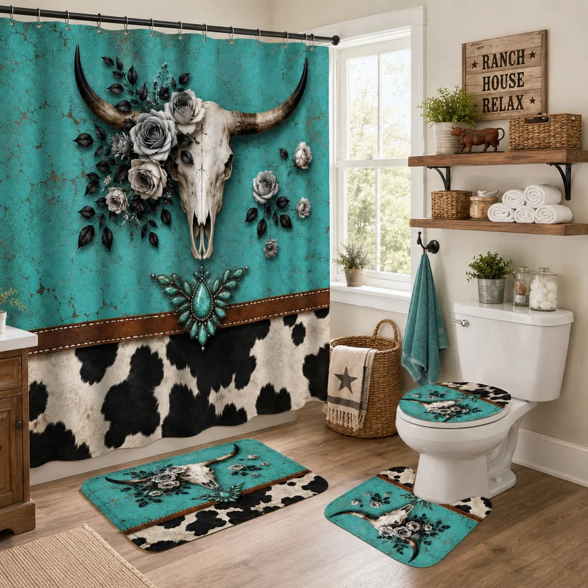 Western Cow Skull Shower Curtain Set Bath Mat And Accessories