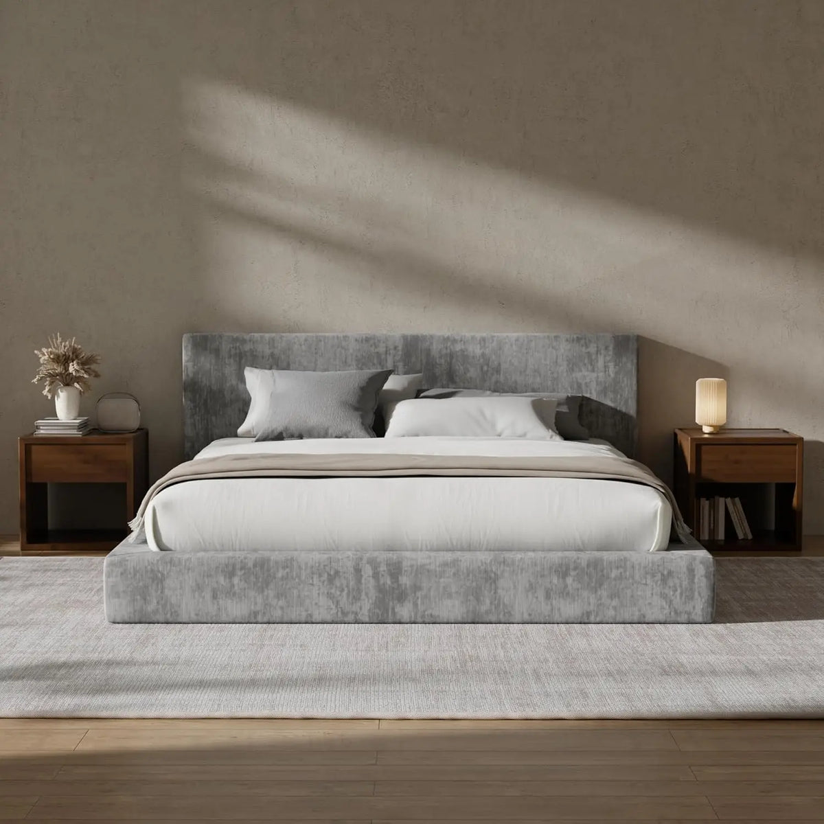 Modern Upholstered Platform Bed Frame With Foam Padded Headboard