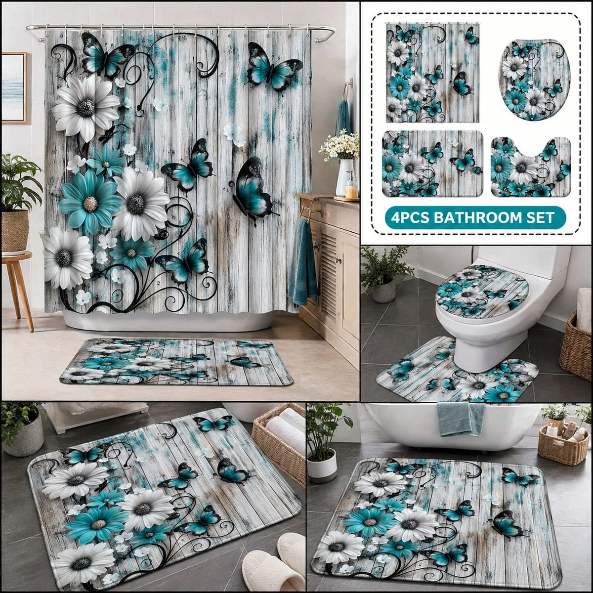 Floral Butterfly Bathroom Set With Shower Curtain And Rugs