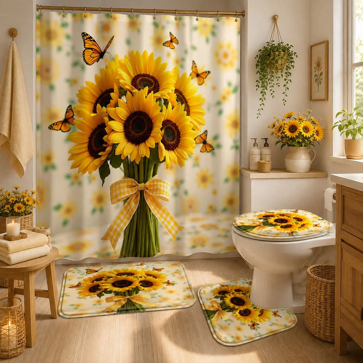 Sunflower Butterfly Shower Curtain Set With Hooks And Bathroom Mats