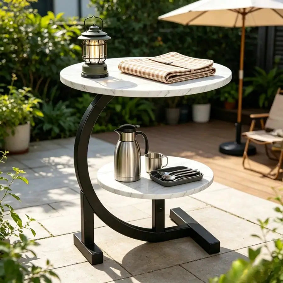 Two Tier C Shaped Outdoor Metal Frame Patio Side Table
