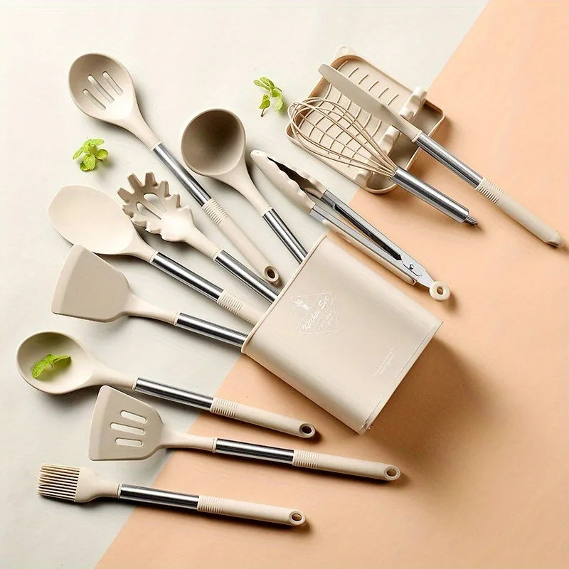 Heat Resistant Silicone Cooking Utensil Set With Stainless Steel Handles