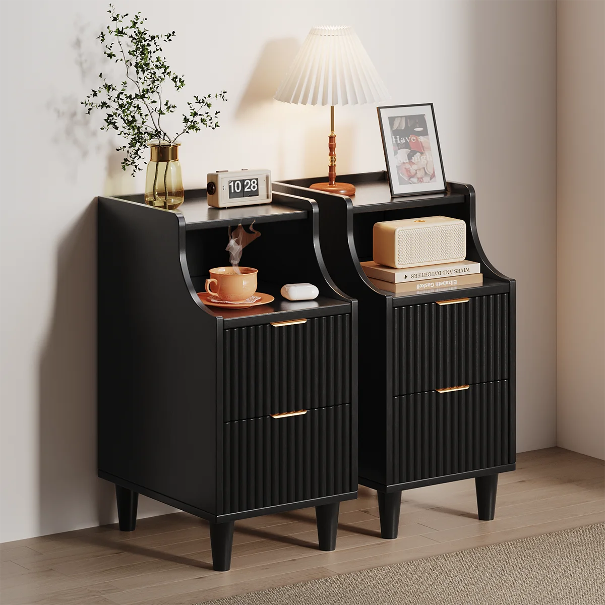 UGTOO Modern Narrow Nightstand With Two Drawers And Open Shelf