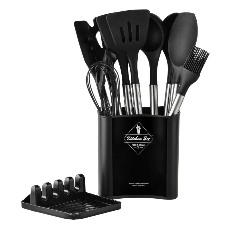 Heat Resistant Silicone Cooking Utensil Set With Stainless Steel Handles