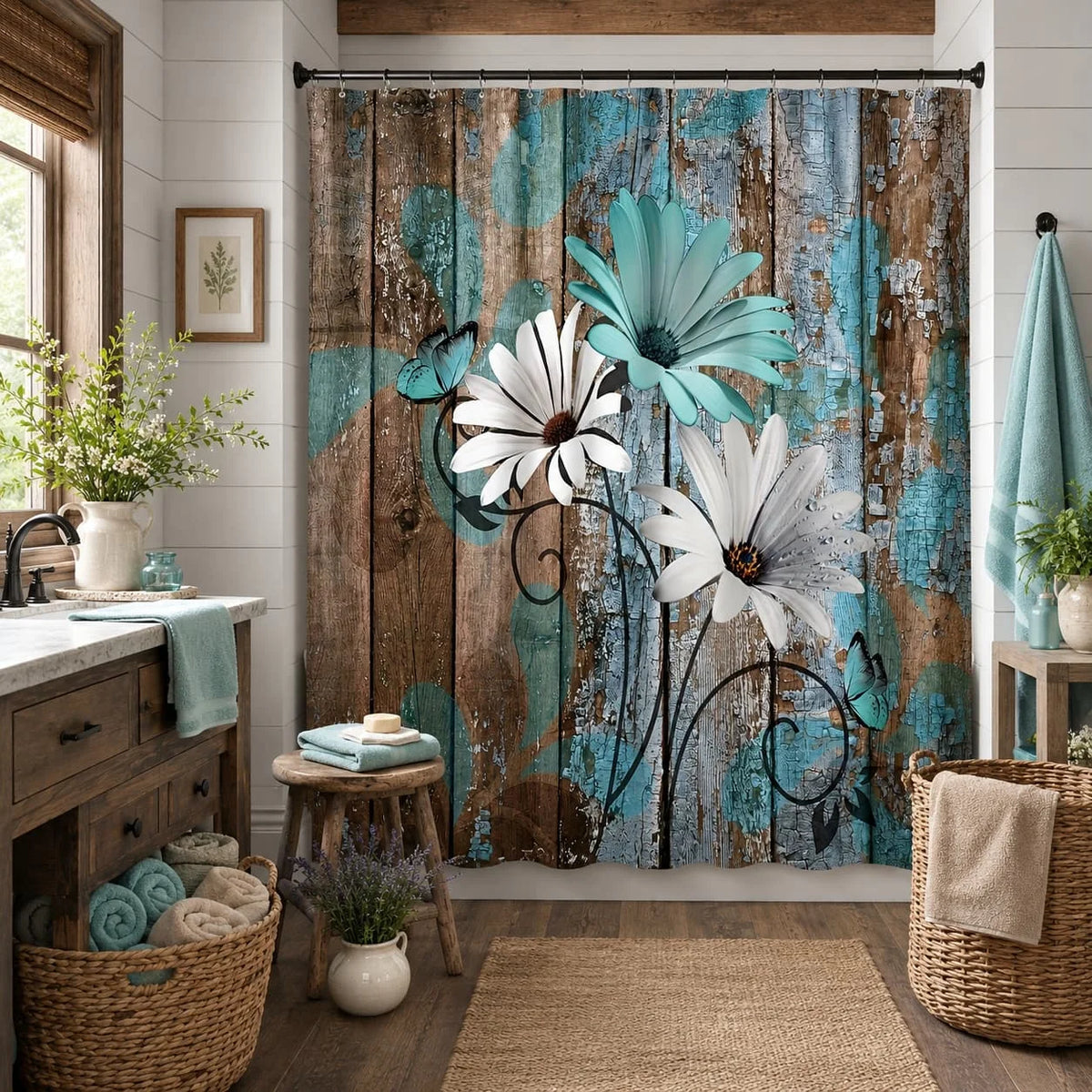 Farmhouse Daisy Floral Shower Curtain With Hooks, Rustic Garden Decor