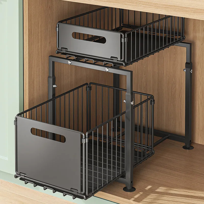 Aehome Heavy Duty Adjust 2 Tier Slide Out Under Sink Organizer Metal Kitchen Storage Shelf