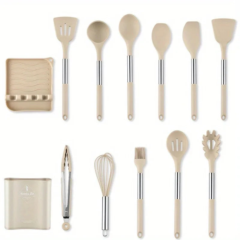 Heat Resistant Silicone Cooking Utensil Set With Stainless Steel Handles
