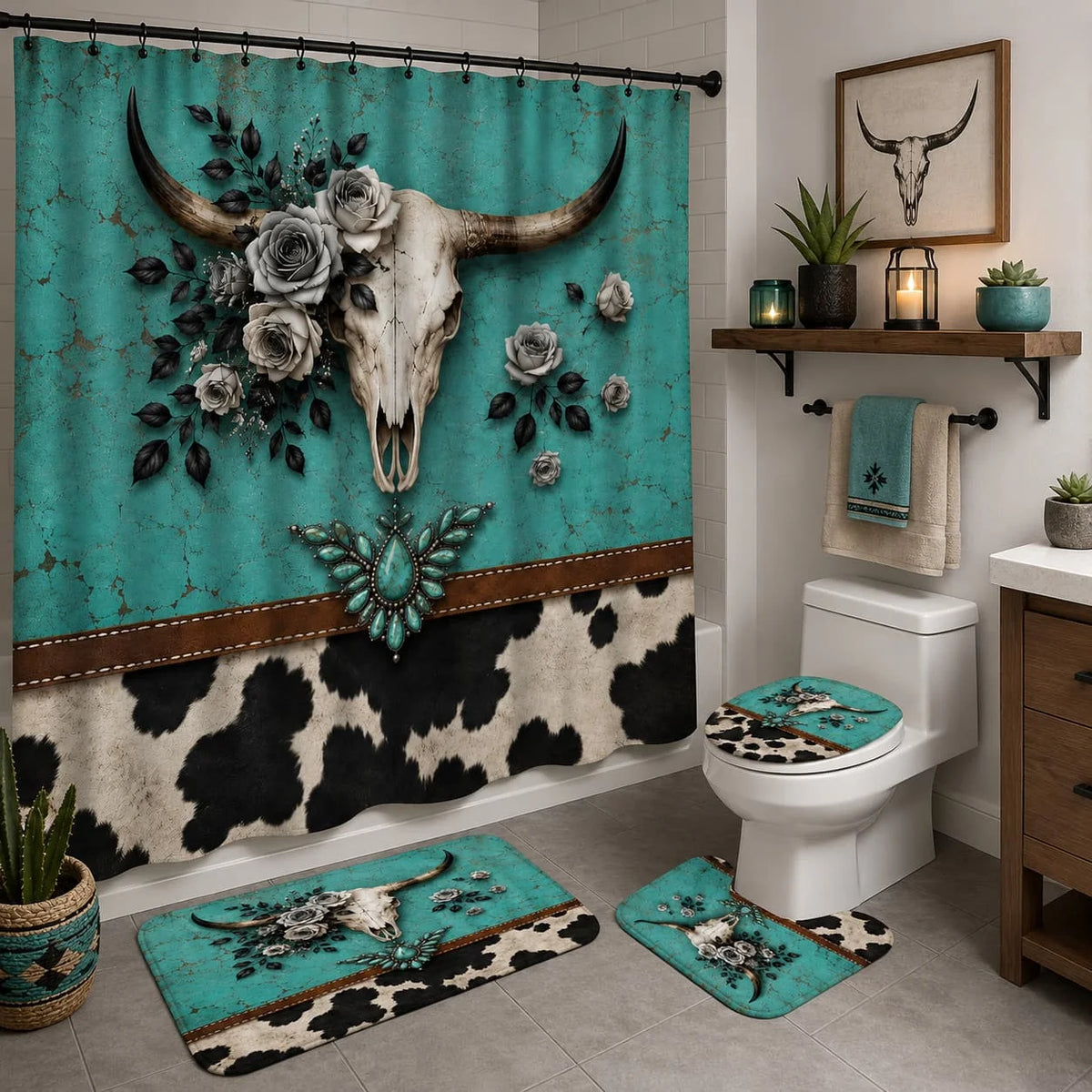 Western Cow Skull Shower Curtain Set Bath Mat And Accessories