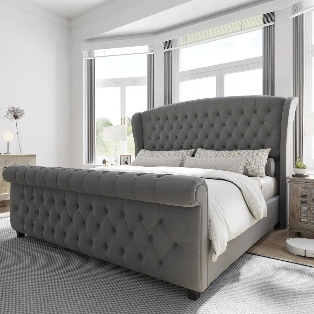 Queen Size Platform Bed Frame, Chenille Upholstered Sleigh Bed with Scroll Wingback Headboard & Footboard/Button, Customized