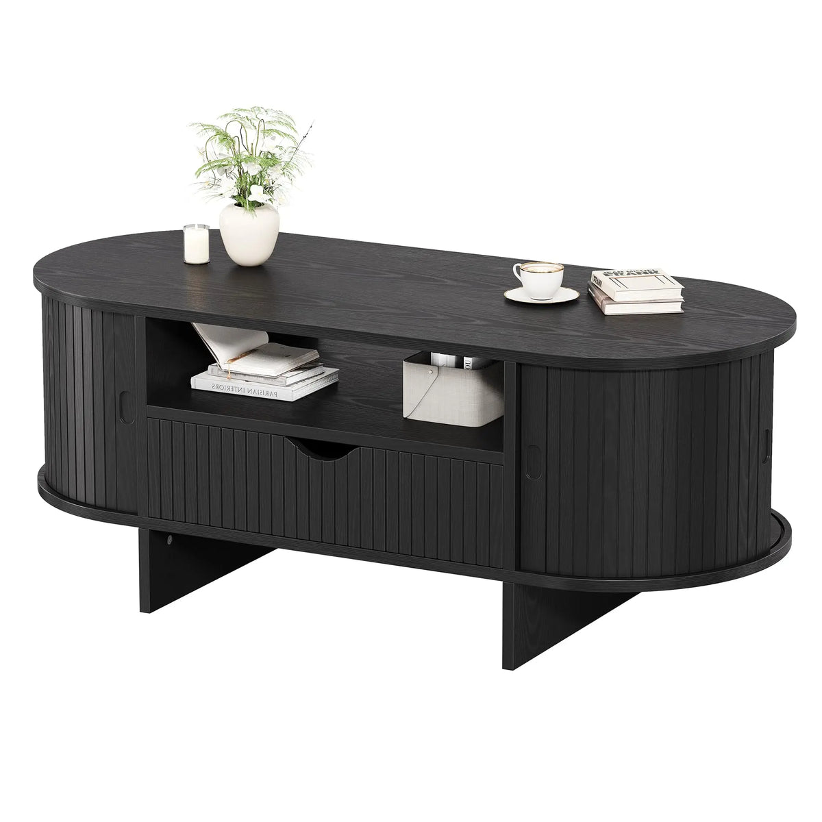 HiMiss Modern Fluted Wood Oval Coffee Table With Storage