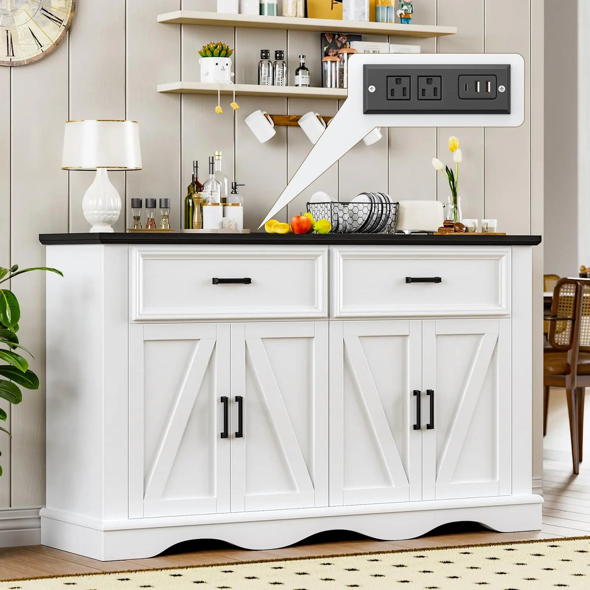 Modern Farmhouse Sideboard Buffet With Charging Station And Soft Close