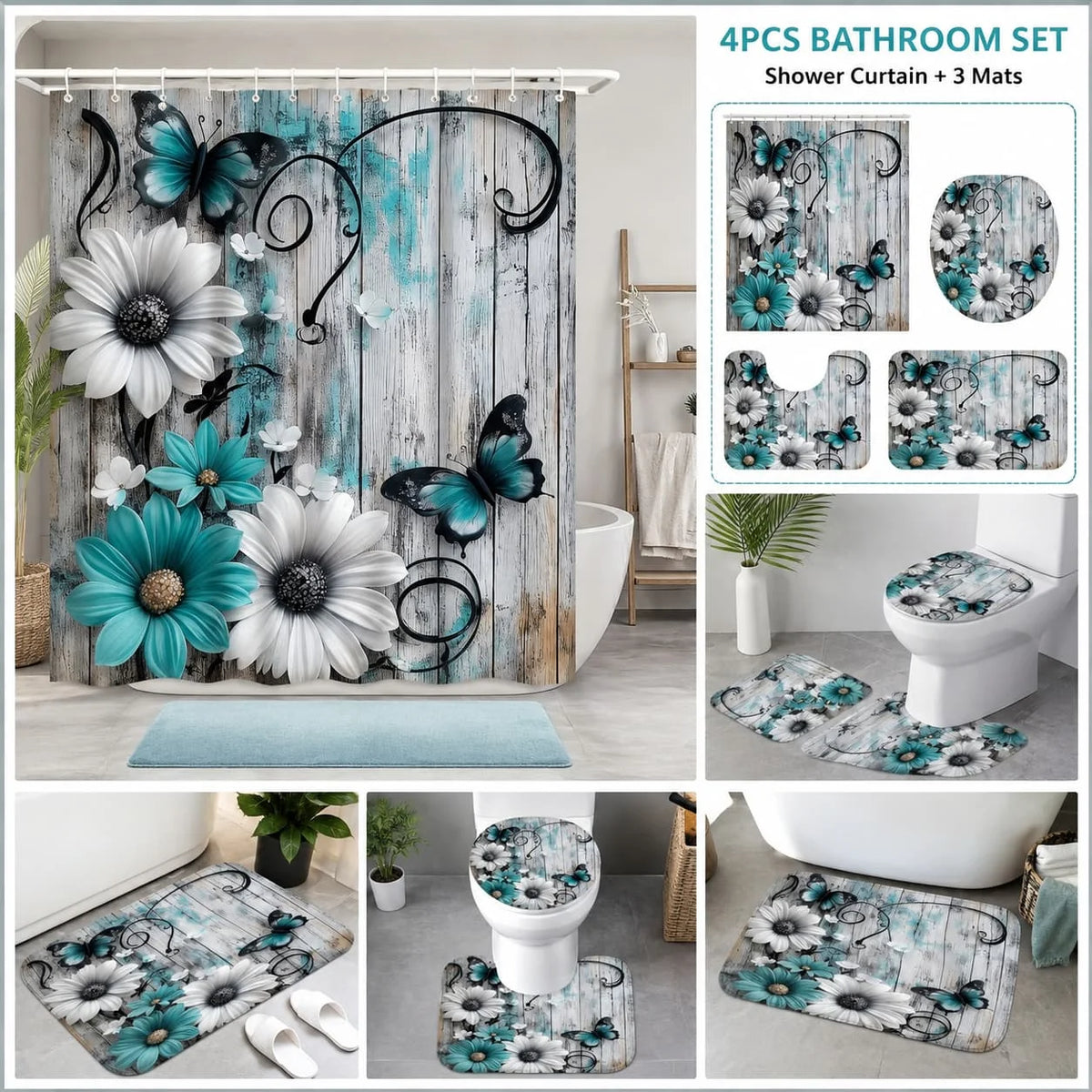 Floral Butterfly Bathroom Set With Shower Curtain And Rugs