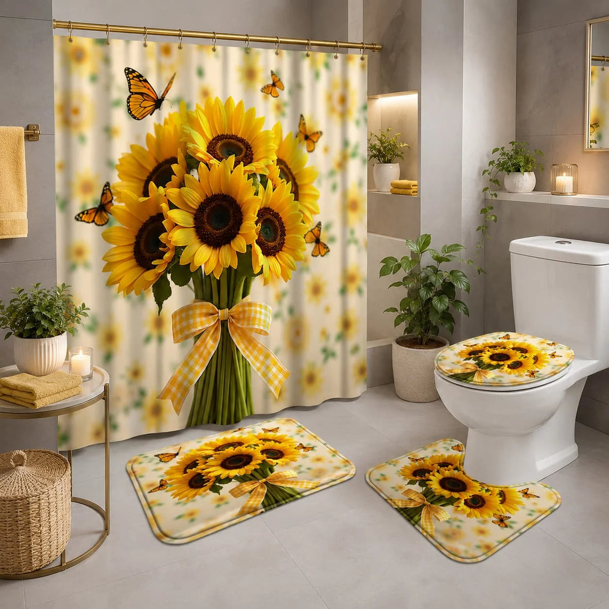 Sunflower Butterfly Shower Curtain Set With Hooks And Bathroom Mats