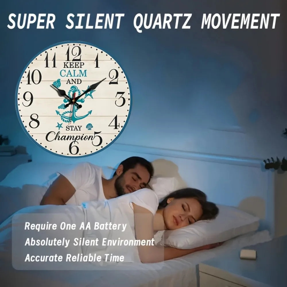 A Round Wall Clock with a Blue And White Ocean Theme, Silent And Non-Ticking, Perfect for Home Decoration During Holidays Or As