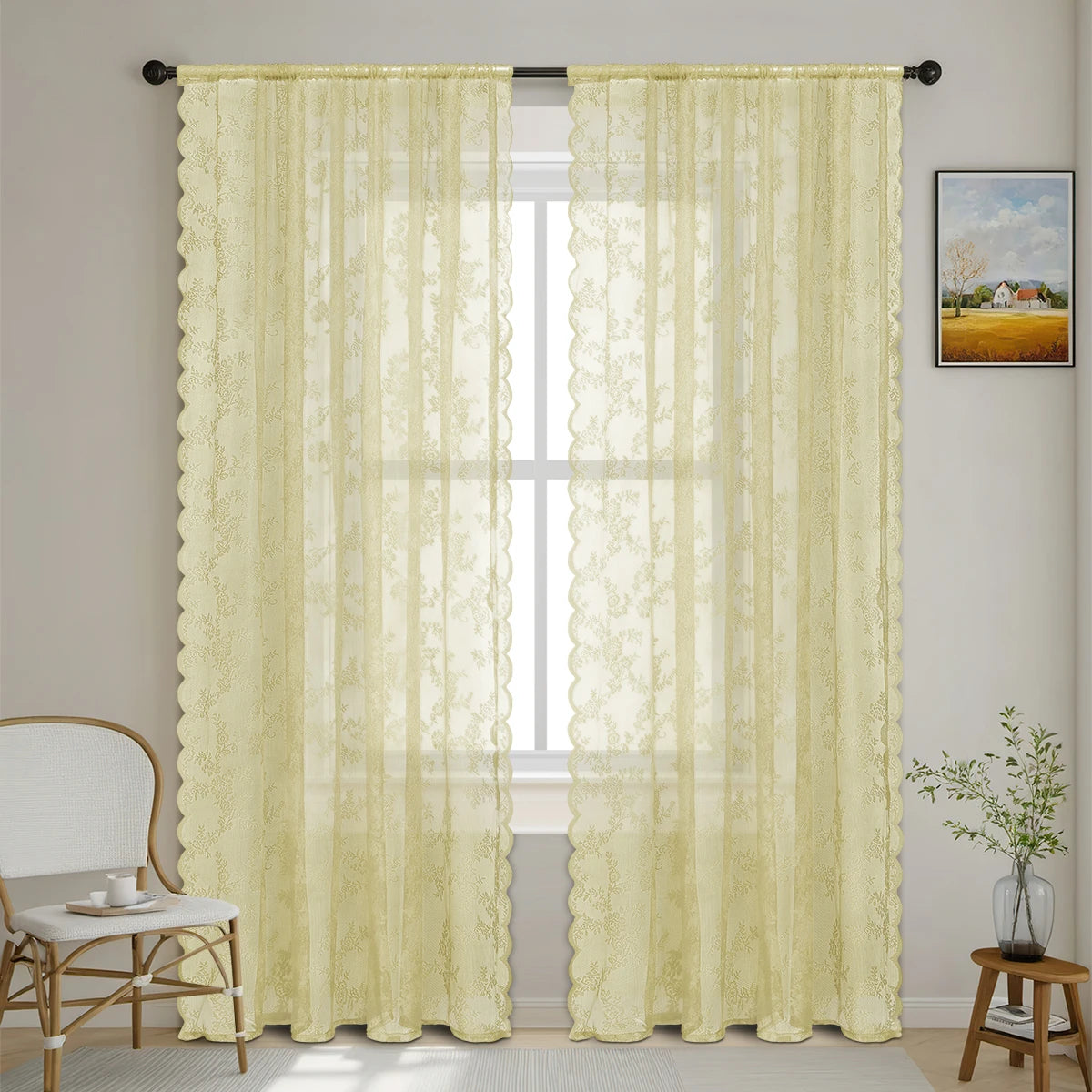 Romantic Flower Lace Sheer Window Curtain With Rod Pocket