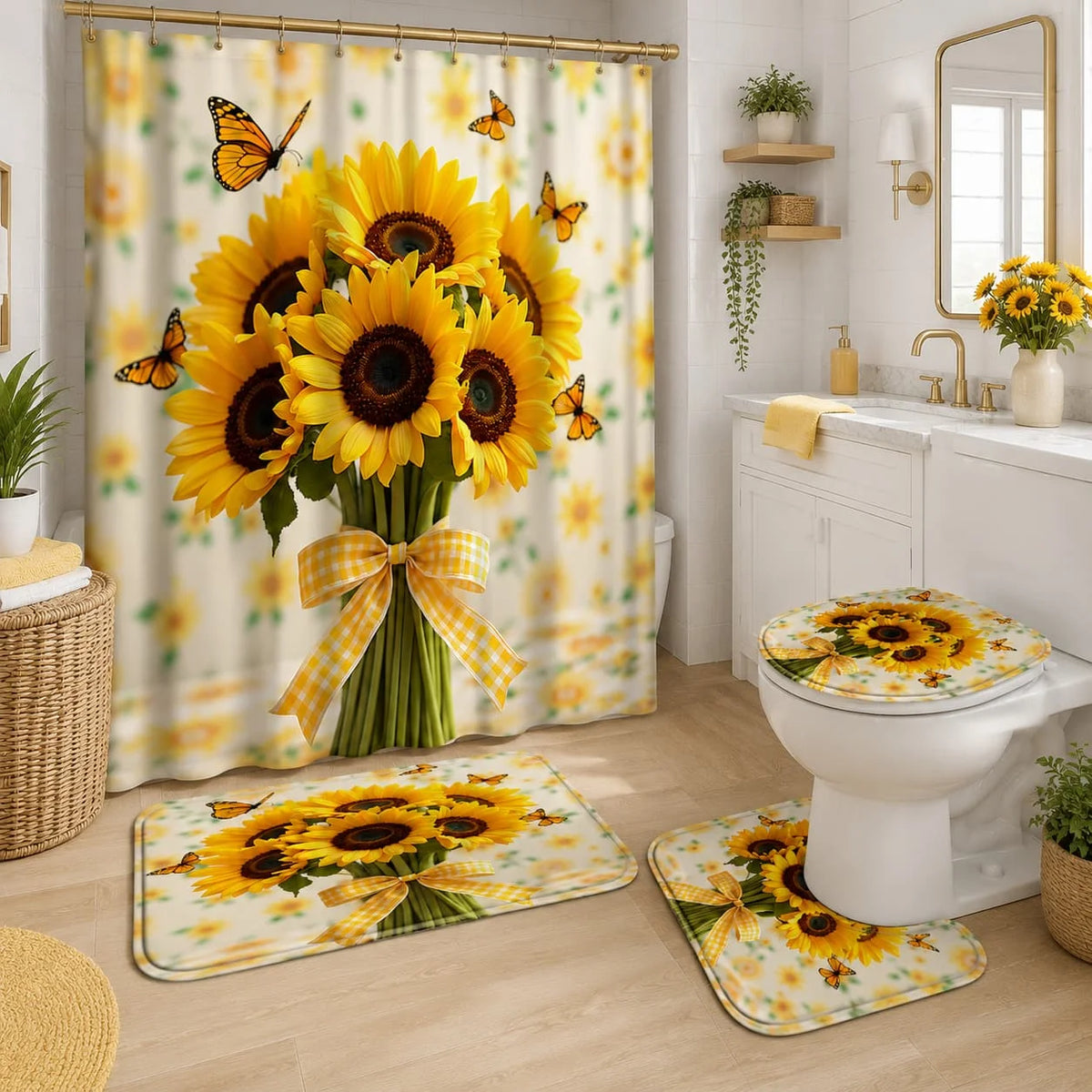 Sunflower Butterfly Shower Curtain Set With Hooks And Bathroom Mats