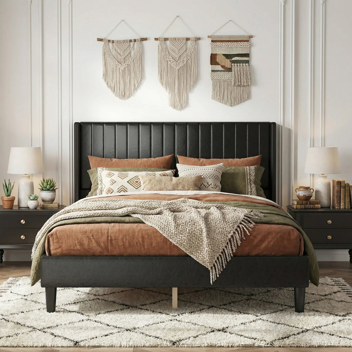 MCQ Wooden Bed Frame With PU Leather Wingback Headboard