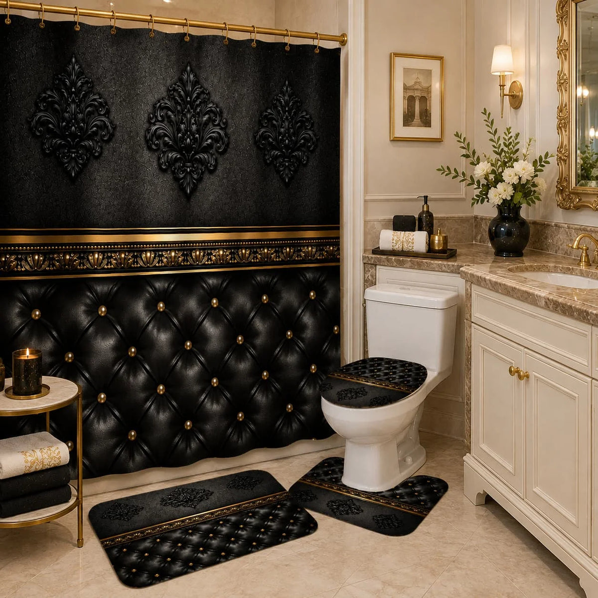 Baroque Shower Curtain Set with Bath Mats and Toilet Covers