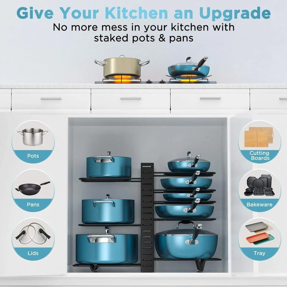 Adjustable Pots And Pans Organizer Rack For Kitchen Cabinets