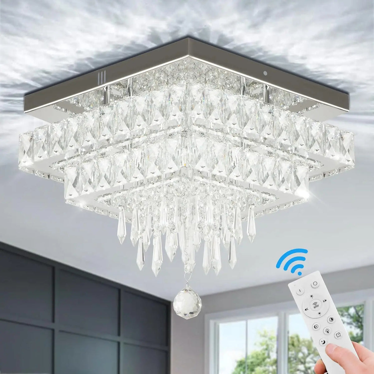 FRIXCHUR Dimmable Crystal Flush Mount Ceiling Chandelier With Remote Control