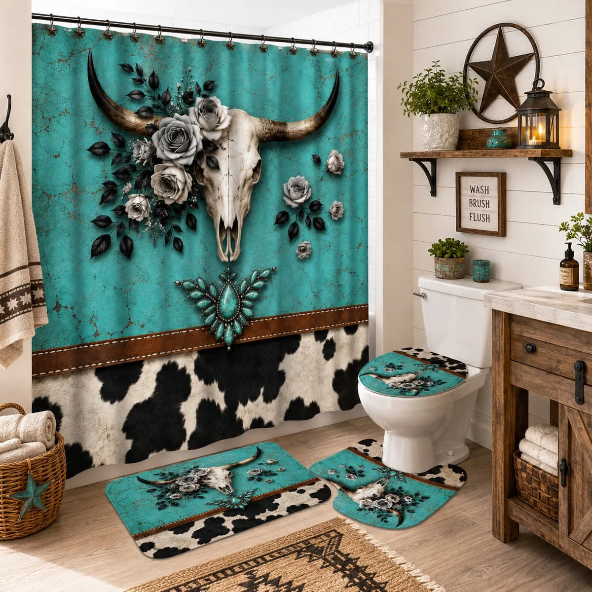 Western Cow Skull Shower Curtain Set Bath Mat And Accessories