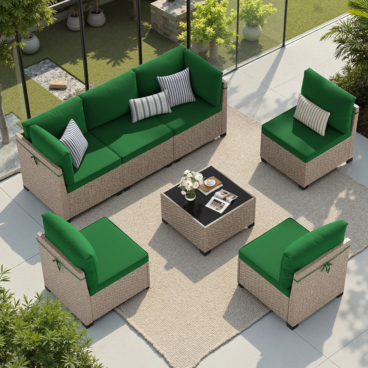 Outdoor Rattan Patio Furniture Set With Tempered Glass Table