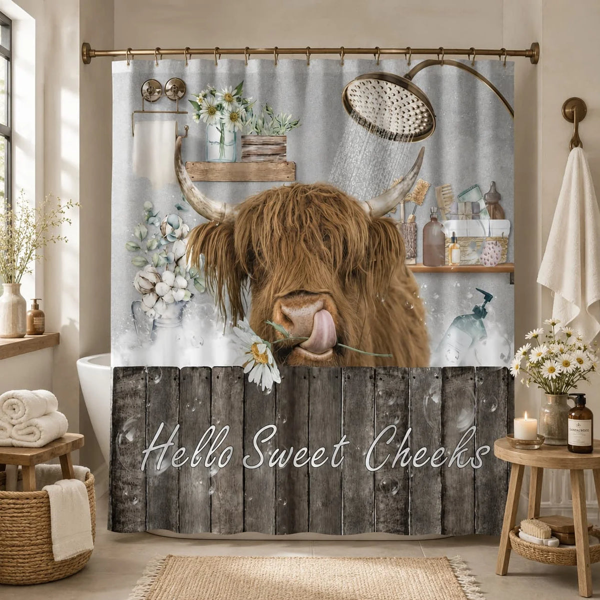 Highland Cow Scenic Polyester Shower Curtain for Farmhouse Bathrooms