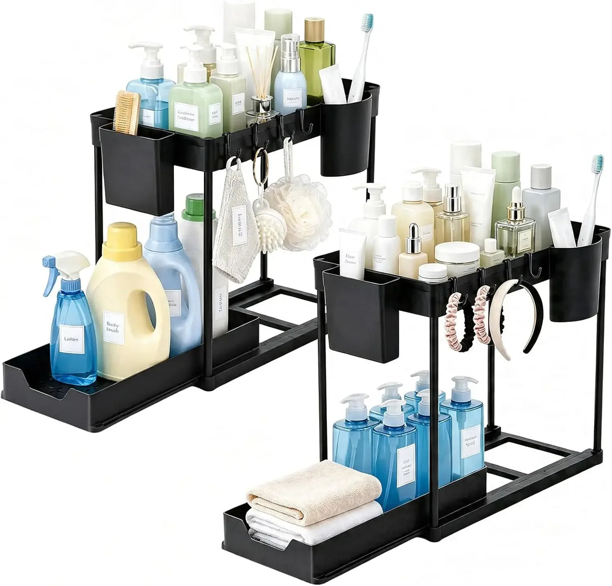 Under Sink Two Tier Pull Out Organizer With Baskets And Hooks