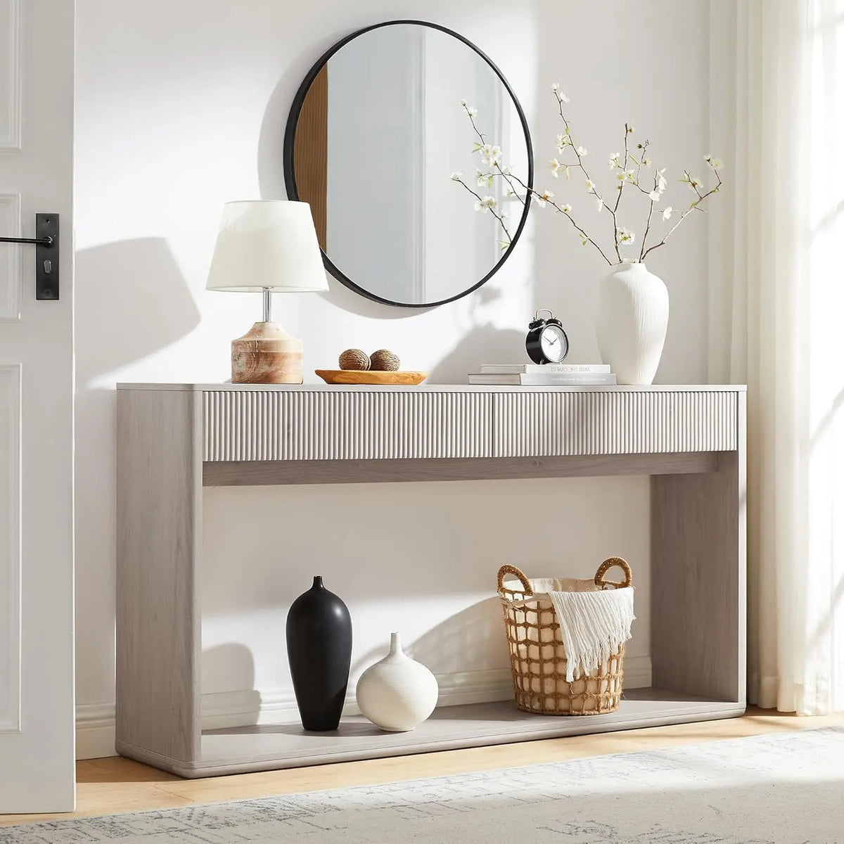 Fluted Engineered Wood Console Table With Two Large Drawers