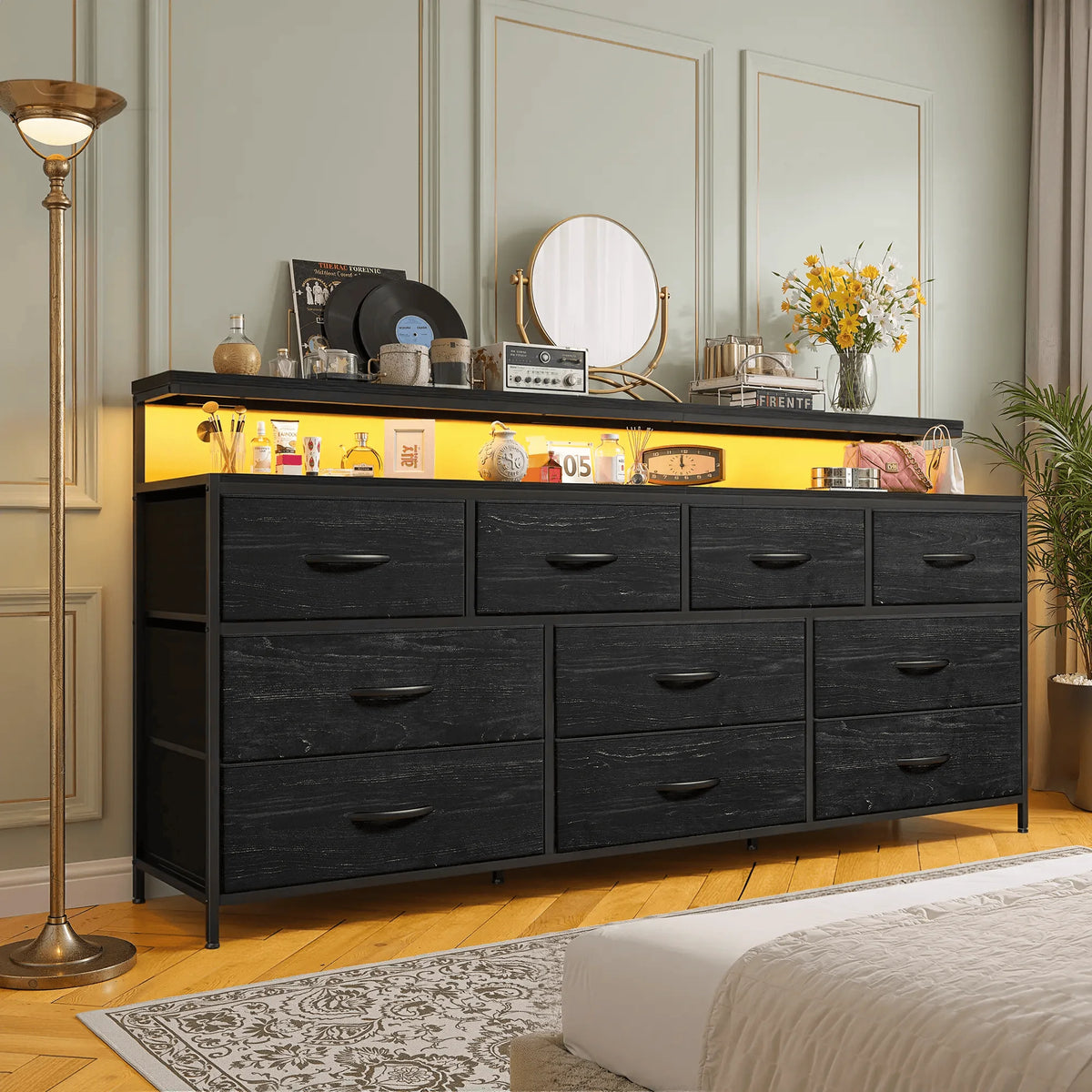 EnHomee 55 Inch Multi Function Dresser Ten Fabric Drawers Led Lighting