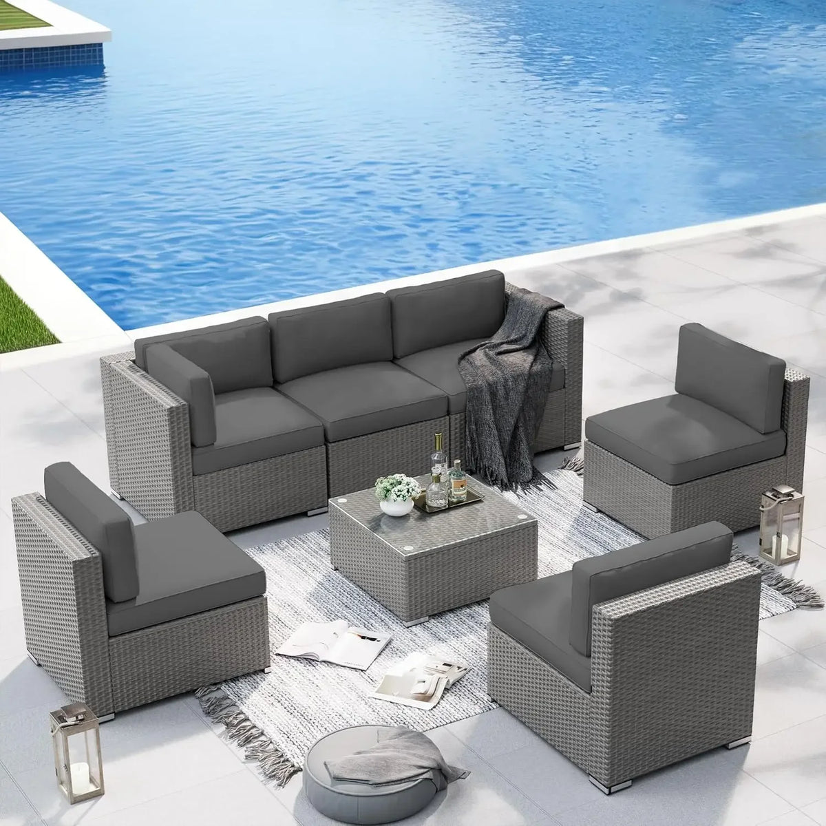 Outdoor Bamboo Patio Sectional Sofa Set with Coffee Table