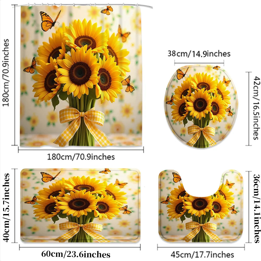 Sunflower Butterfly Shower Curtain Set With Hooks And Bathroom Mats