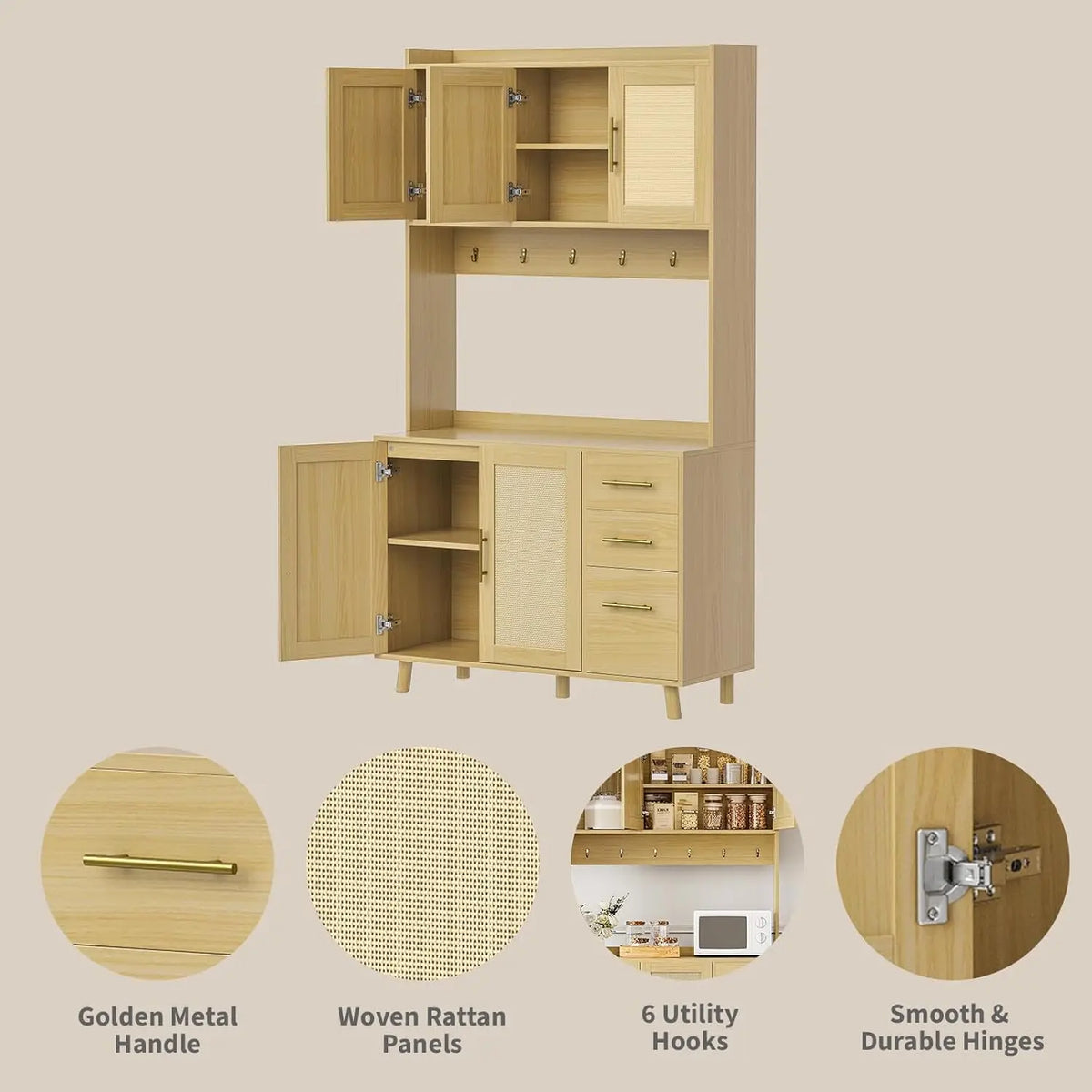 HiMISS Freestanding Rattan Kitchen Pantry Storage Cabinet